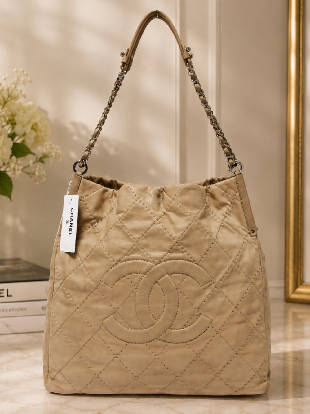 CHANEL Sea Hit Iridescent Calfskin Quilted CC Tote Beige Silver Chain 2011